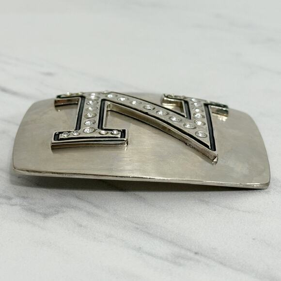 Rhinestone Studded N Letter Initial Monogram Silver Tone Belt Buckle - Picture 11 of 14